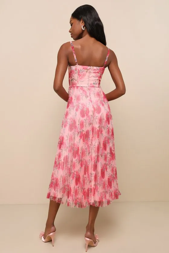 Alluring Invite Light Pink Floral Pleated Bustier Midi Dress sold by Lulus product image thumbnail 3