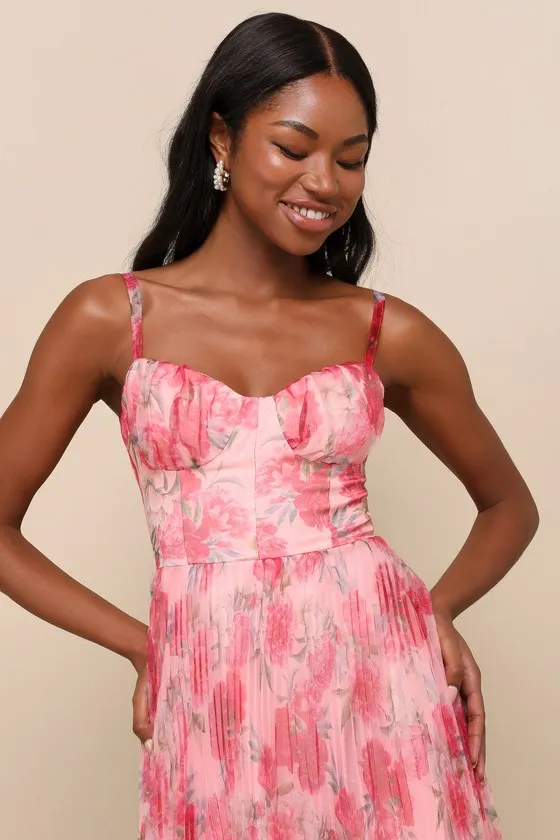 Alluring Invite Light Pink Floral Pleated Bustier Midi Dress sold by Lulus product image thumbnail 4