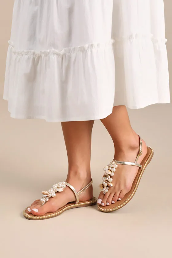 Bryelea Gold Pearl Shell Flat Sandals sold by Lulus