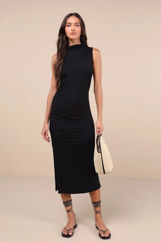 Elevated Presence Black Sleeveless Ruched Funnel Neck Midi Dress sold by Lulus
