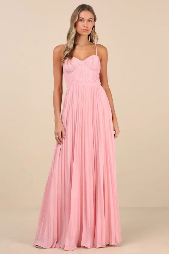 Admirable Elegance Light Pink Pleated Bustier Maxi Dress sold by Lulus