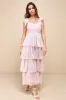 Radiant Arrival Shiny Pink Organza Tiered Tie-Strap Maxi Dress sold by Lulus