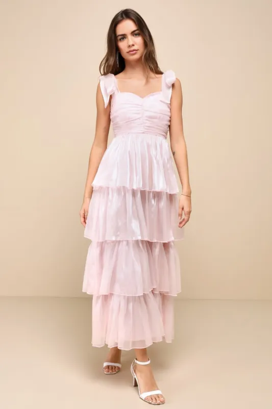 Radiant Arrival Shiny Pink Organza Tiered Tie-Strap Maxi Dress sold by Lulus