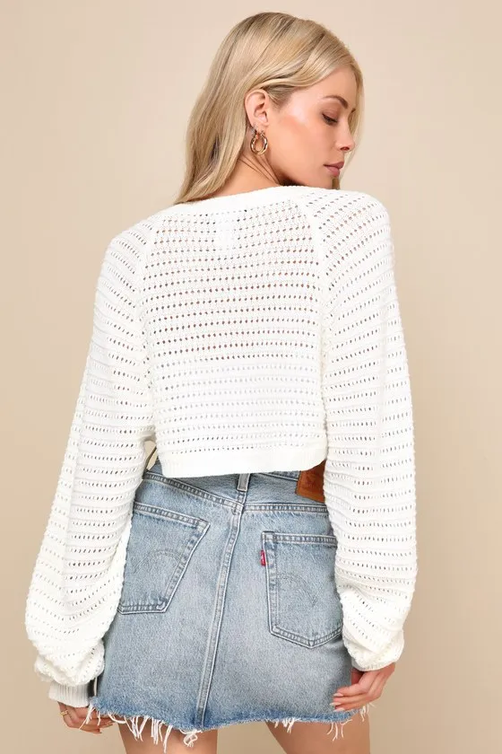Perfectly Comforting Ivory Pointelle Open-Front Shrug Sweater sold by Lulus product image thumbnail 3