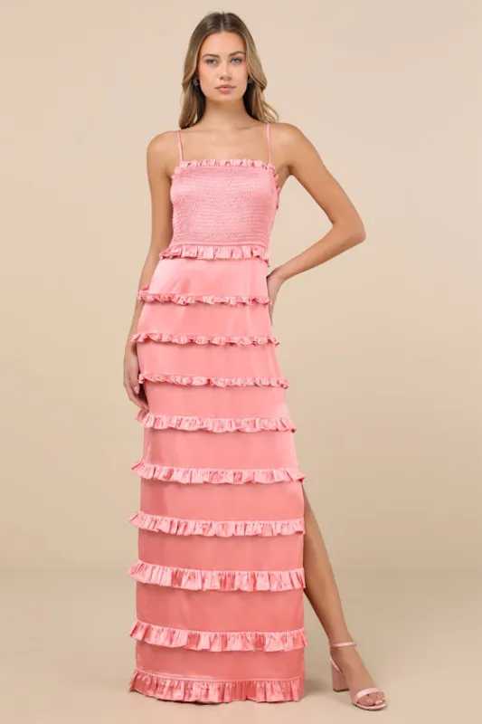 Sincerely Fabulous Peach Pink Satin Smocked Ruffled Maxi Dress sold by Lulus