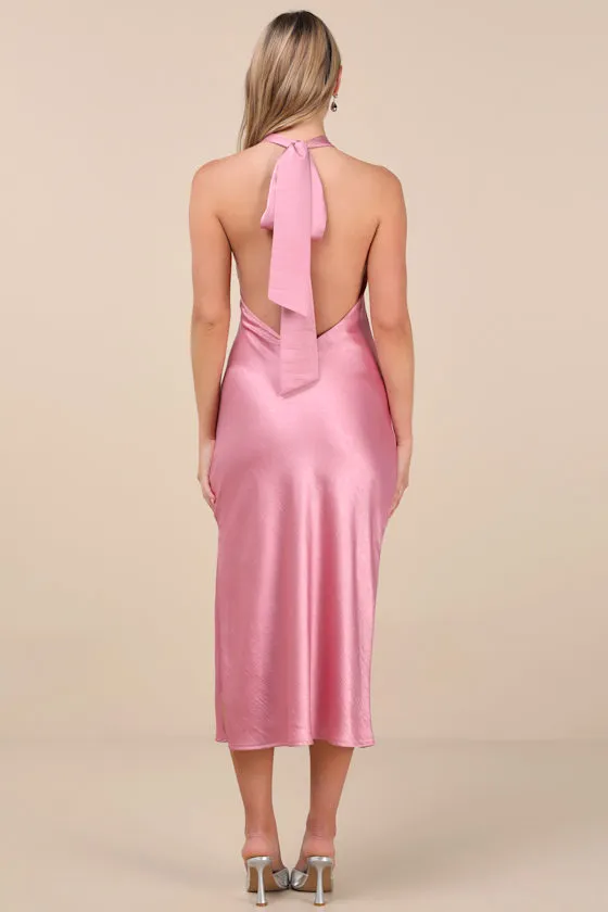 Angelique Pink Satin Backless Halter Midi Dress sold by Lulus product image thumbnail 3