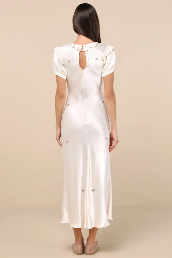 Helsa Ivory Satin Ruffled Rosette Puff Sleeve Maxi Dress sold by Lulus product image thumbnail 2
