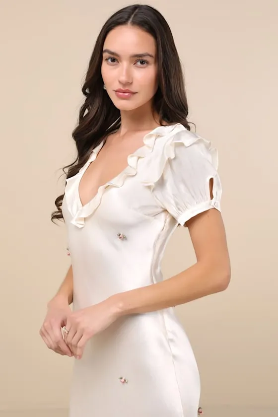 Helsa Ivory Satin Ruffled Rosette Puff Sleeve Maxi Dress sold by Lulus product image thumbnail 4