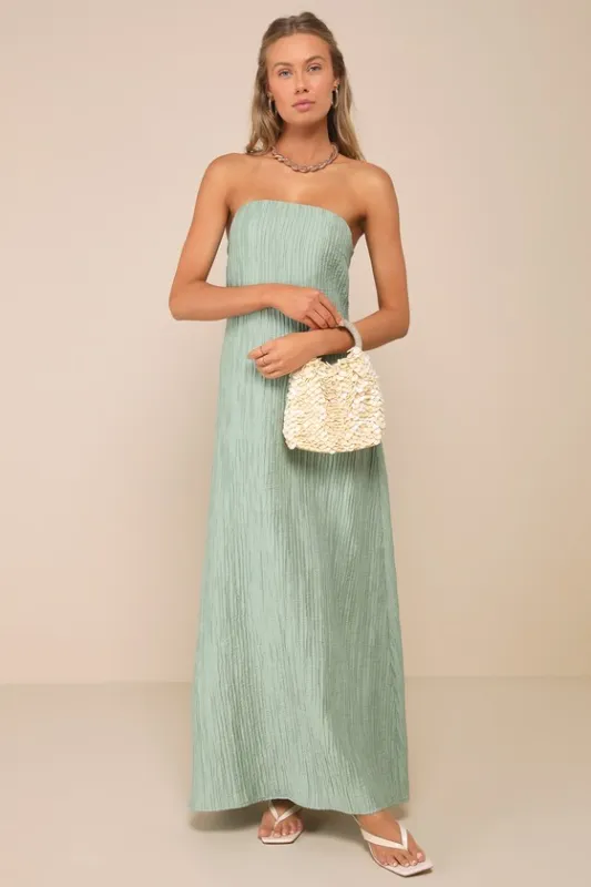 Radiant Season Sage Green Plisse Cutout Strapless Maxi Dress sold by Lulus