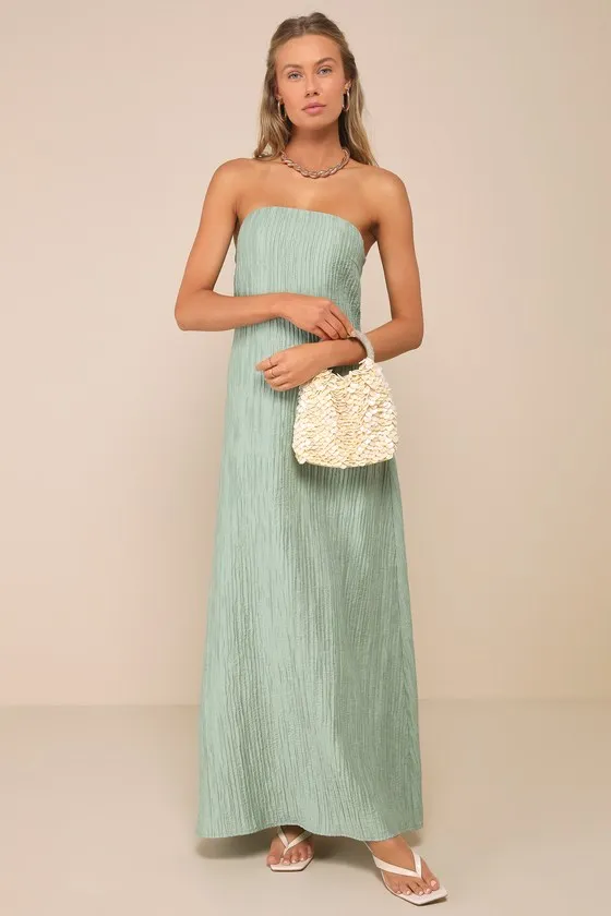 Radiant Season Sage Green Plisse Cutout Strapless Maxi Dress sold by Lulus