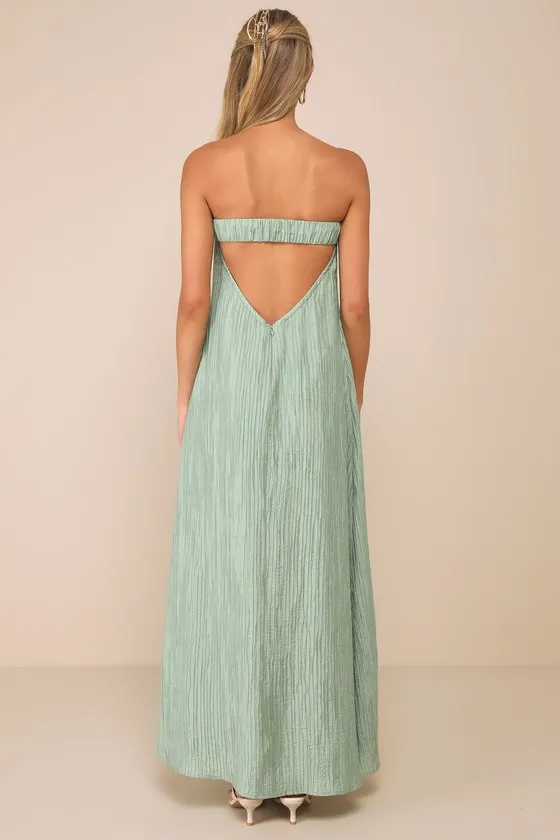 Radiant Season Sage Green Plisse Cutout Strapless Maxi Dress sold by Lulus product image thumbnail 2