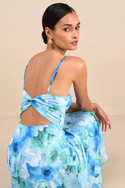Radiant Feelings Blue and Green Floral Chiffon Midi Dress sold by Lulus
