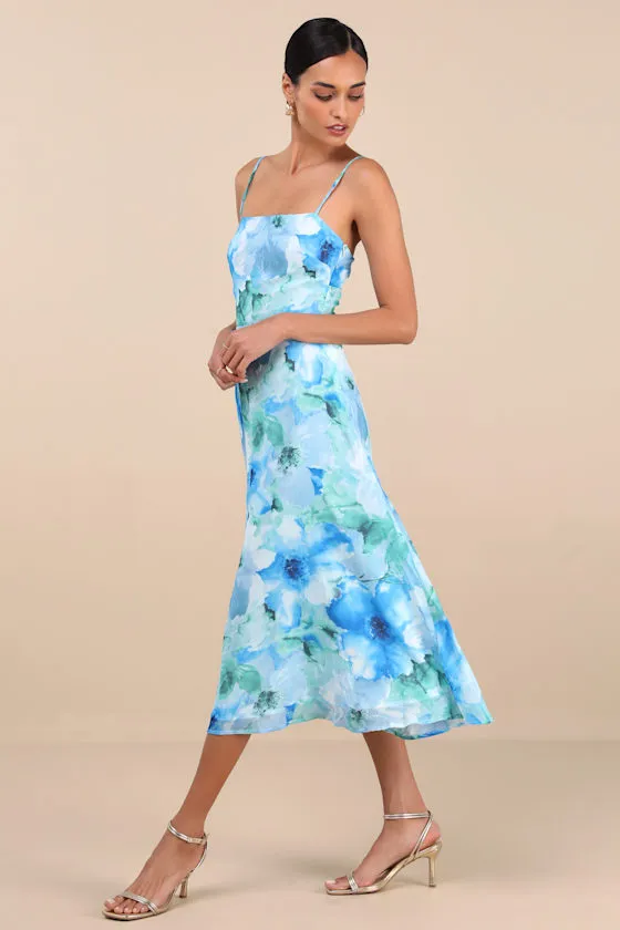 Radiant Feelings Blue and Green Floral Chiffon Midi Dress sold by Lulus product image thumbnail 2