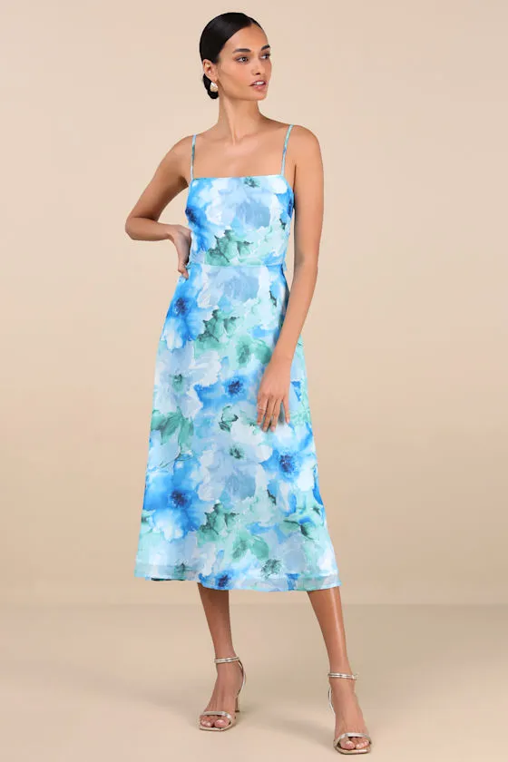 Radiant Feelings Blue and Green Floral Chiffon Midi Dress sold by Lulus product image thumbnail 4