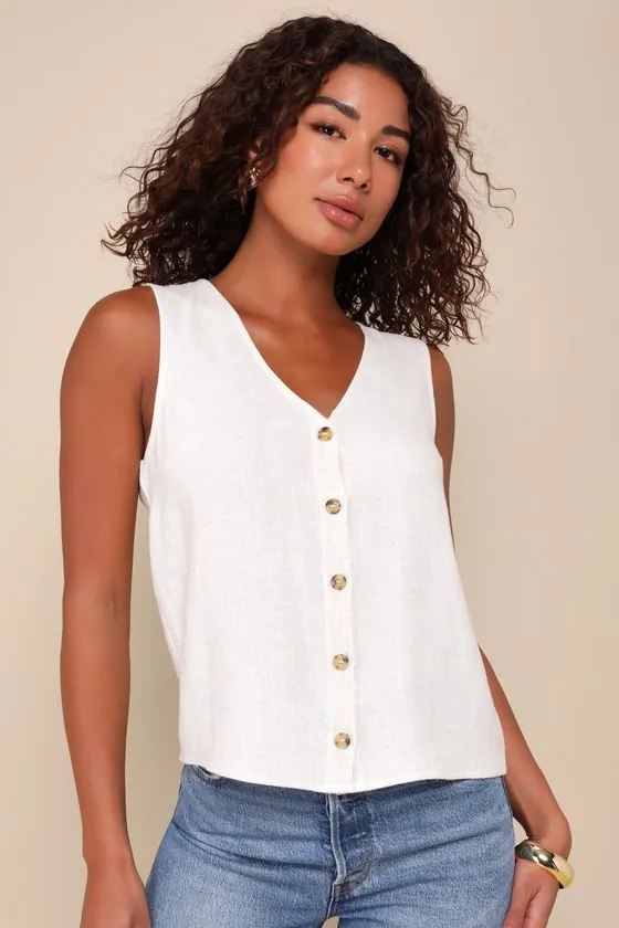 Casually Sophisticated Beige Linen Sleeveless Button-Front Top sold by Lulus