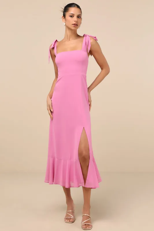 Summer Invite Pink Tie-Strap Tiered Midi Dress sold by Lulus