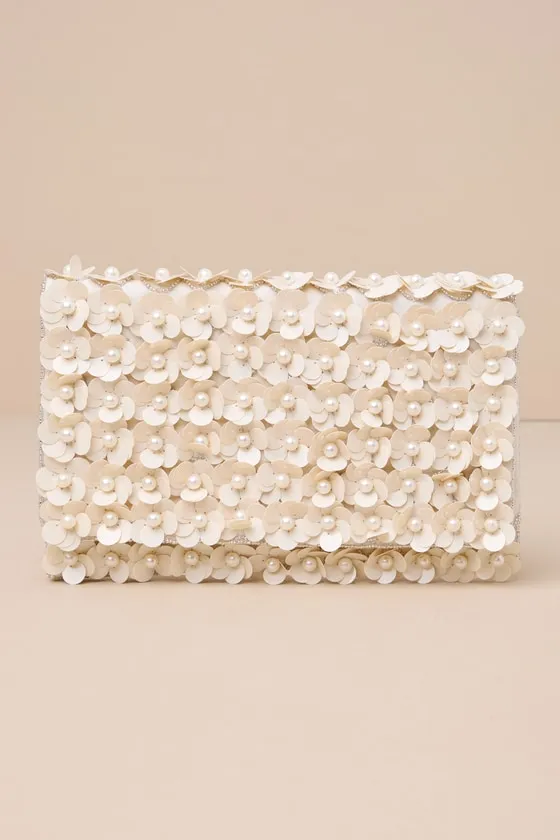 Sparking Perfection Ivory Floral Sequin Pearl Clutch sold by Lulus