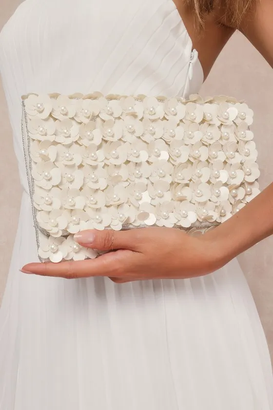 Sparking Perfection Ivory Floral Sequin Pearl Clutch sold by Lulus product image thumbnail 3