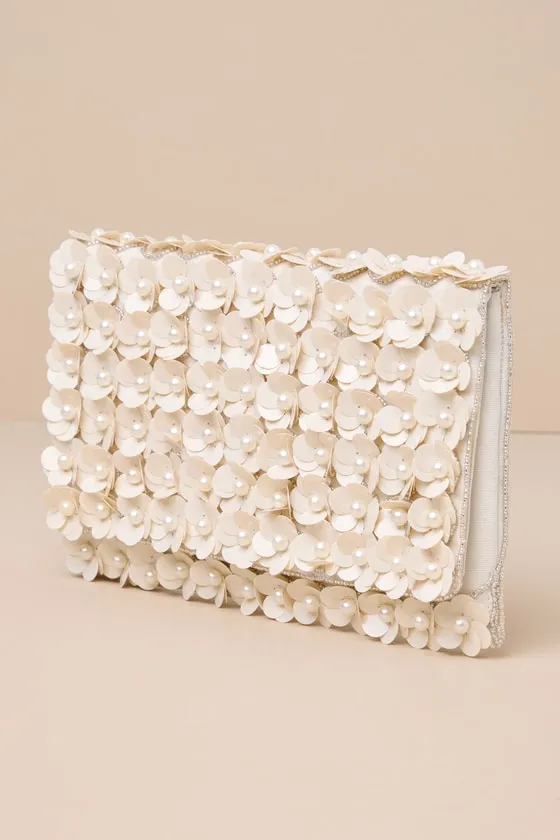 Sparking Perfection Ivory Floral Sequin Pearl Clutch sold by Lulus product image thumbnail 4