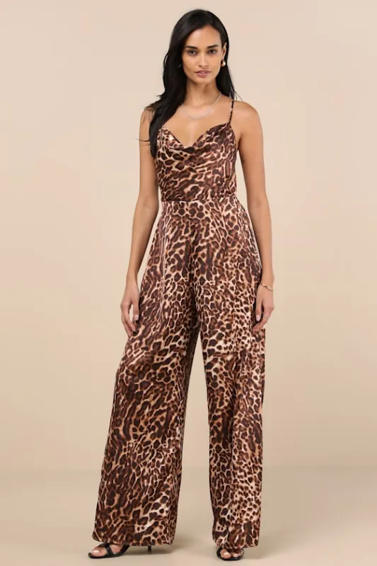 Denver Brown Leopard Satin Backless Jumpsuit sold by Lulus