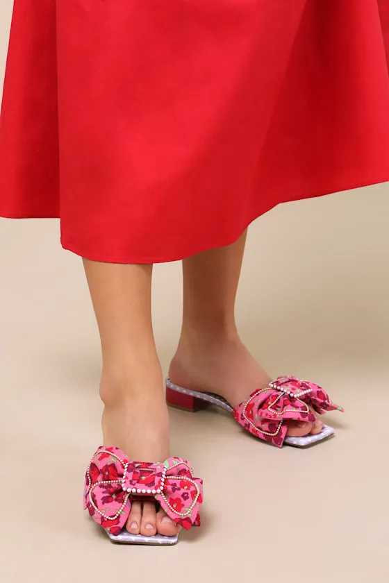 Garnet Pink Floral Multi Pearl Bow Slide Sandals sold by Lulus product image thumbnail 3