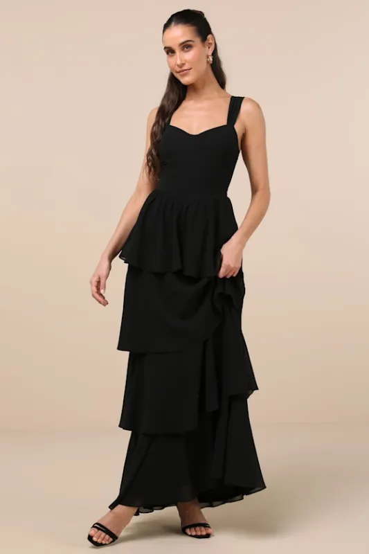 Carlynda Black Tiered Bustier Maxi Dress sold by Lulus