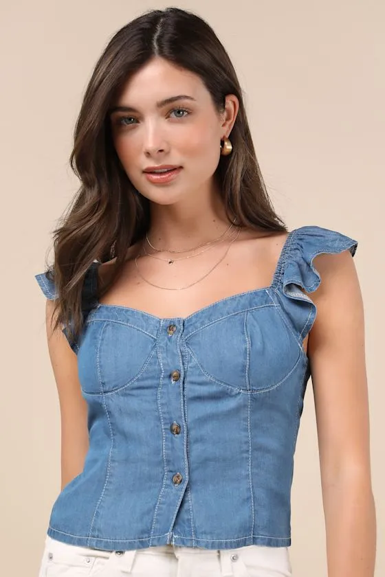 Enye Blue Chambray Bustier Flutter Sleeve Top sold by Lulus
