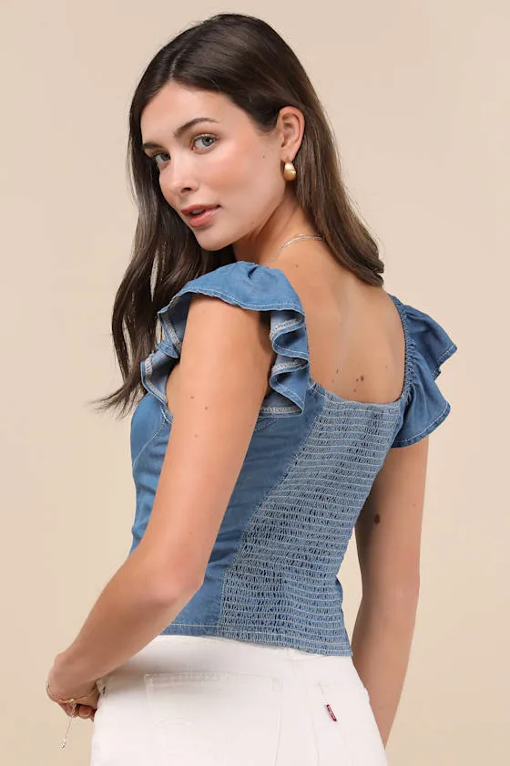 Enye Blue Chambray Bustier Flutter Sleeve Top sold by Lulus product image thumbnail 2
