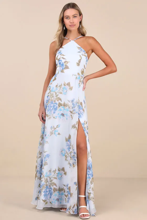 Romantic Marvel Light Blue Floral Print Halter Neck Maxi Dress sold by Lulus