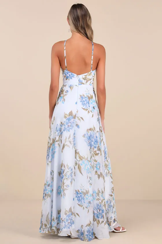 Romantic Marvel Light Blue Floral Print Halter Neck Maxi Dress sold by Lulus product image thumbnail 2