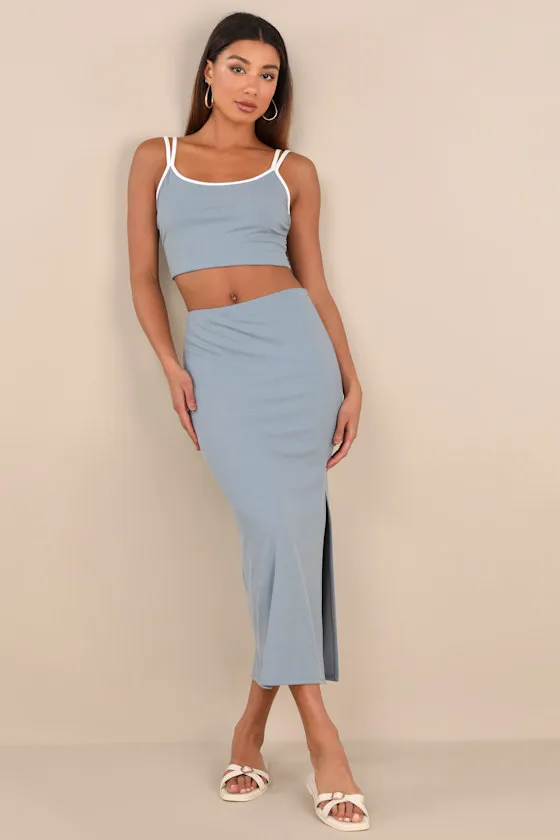 Trendy Match Slate Blue Ribbed Two-Piece Midi Dress sold by Lulus