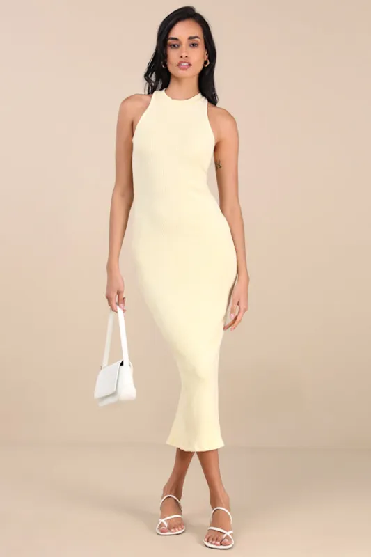 Essentially Sweet Light Yellow Ribbed Sleeveless Midi Dress sold by Lulus