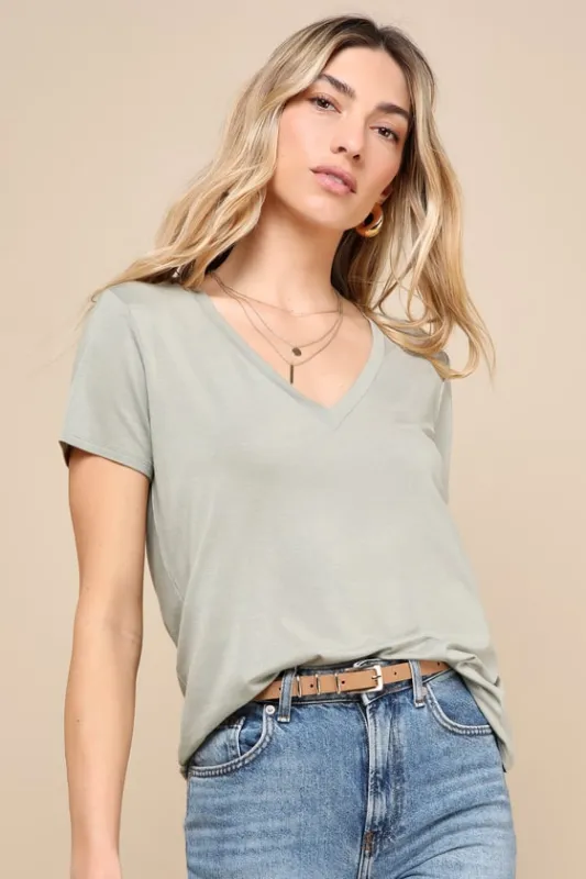 Adyn Heather Sage Green V-Neck Short Sleeve Tee sold by Lulus
