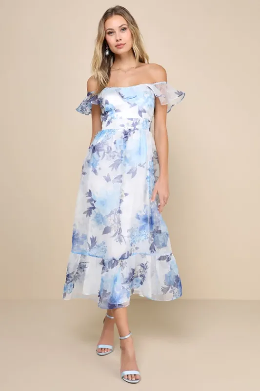 Sweet Composure White Floral Organza Off-the-Shoulder Midi Dress sold by Lulus