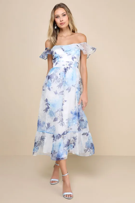 Sweet Composure White Floral Organza Off-the-Shoulder Midi Dress sold by Lulus
