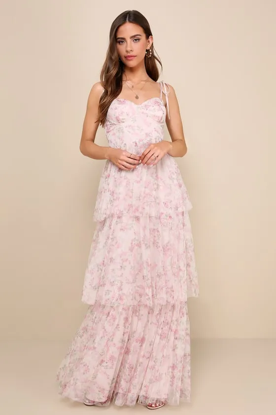 Blissfully Gorgeous Blush Floral Tie-Strap Bustier Maxi Dress sold by Lulus
