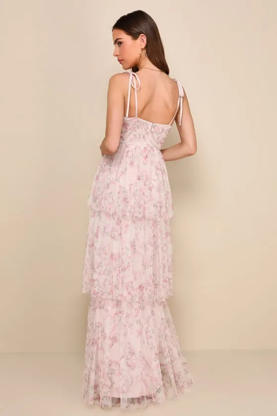 Blissfully Gorgeous Blush Floral Tie-Strap Bustier Maxi Dress sold by Lulus product image thumbnail 2