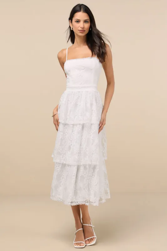 Estrid White Lace Tiered Midi Dress sold by Lulus