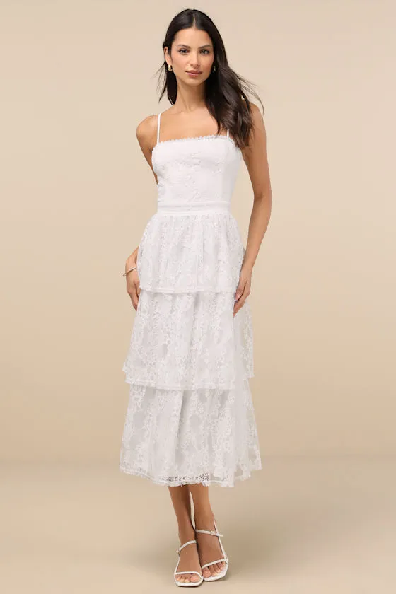 Estrid White Lace Tiered Midi Dress sold by Lulus