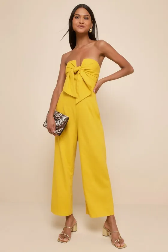 Sunshine Aura Mustard Yellow Tie-Front Strapless Jumpsuit sold by Lulus