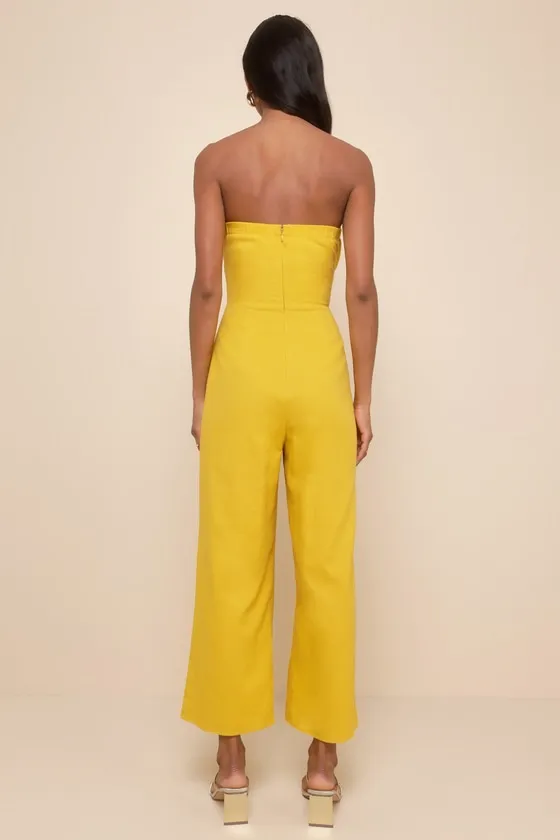 Sunshine Aura Mustard Yellow Tie-Front Strapless Jumpsuit sold by Lulus product image thumbnail 3