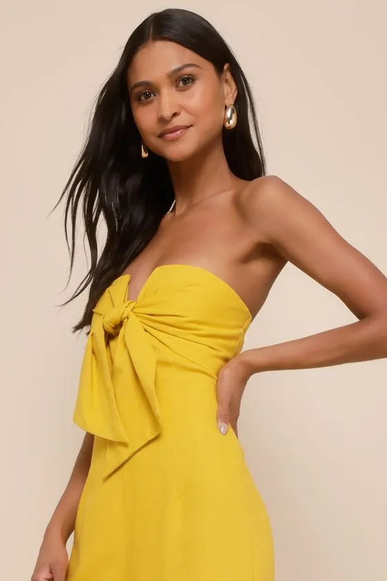 Sunshine Aura Mustard Yellow Tie-Front Strapless Jumpsuit sold by Lulus product image thumbnail 4