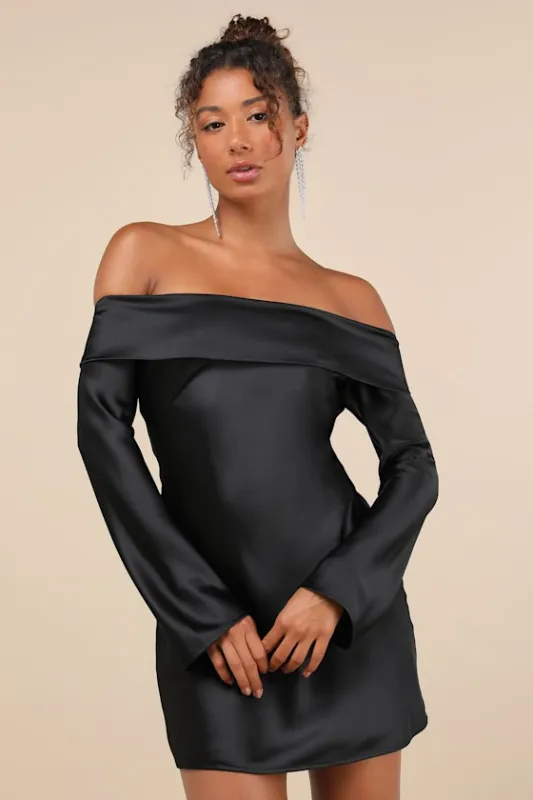 Luxurious Vision Black Satin Off-the-Shoulder Mini Dress sold by Lulus
