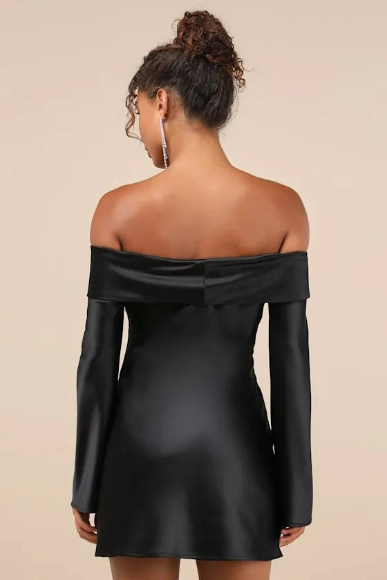 Luxurious Vision Black Satin Off-the-Shoulder Mini Dress sold by Lulus product image thumbnail 2