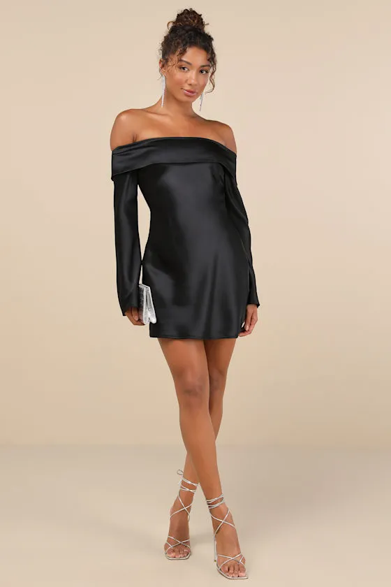 Luxurious Vision Black Satin Off-the-Shoulder Mini Dress sold by Lulus product image thumbnail 3
