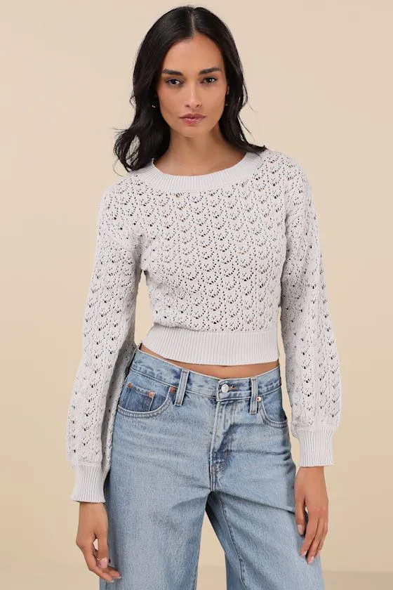 Always All Mine Light Grey Lace-Up Cropped Pointelle Sweater sold by Lulus product image thumbnail 3