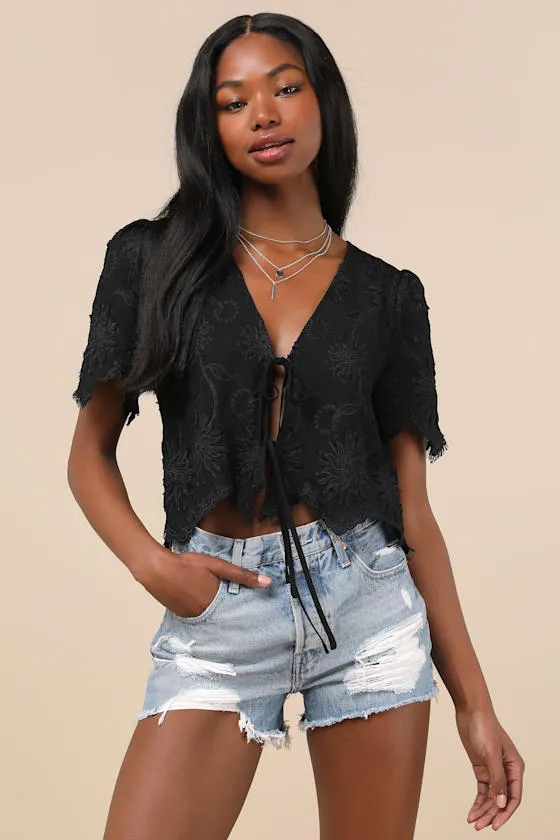 Vintage Aesthetic Black Embroidered Tie-Front Fringe Hem Top sold by Lulus