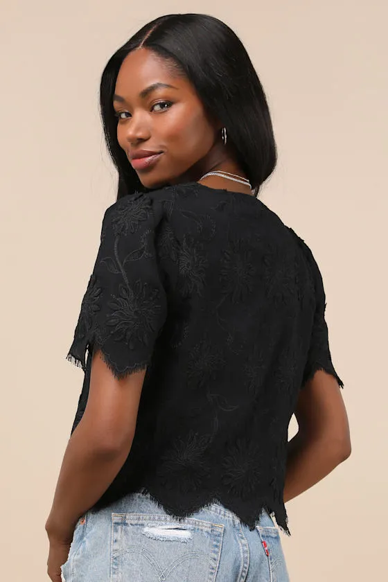 Vintage Aesthetic Black Embroidered Tie-Front Fringe Hem Top sold by Lulus product image thumbnail 2