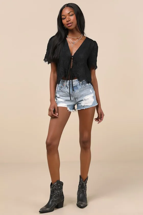 Vintage Aesthetic Black Embroidered Tie-Front Fringe Hem Top sold by Lulus product image thumbnail 3