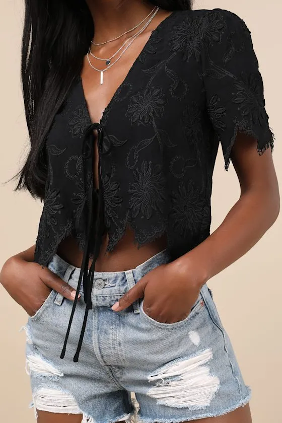 Vintage Aesthetic Black Embroidered Tie-Front Fringe Hem Top sold by Lulus product image thumbnail 4